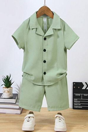 V Yaka Gömlek Detaylı Pamuklu Waffle Şort Takım-Yeşil | 3 Yaş