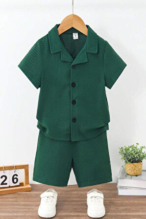 V Yaka Gömlek Detaylı Pamuklu Waffle Şort Takım-Haki | 2 Yaş