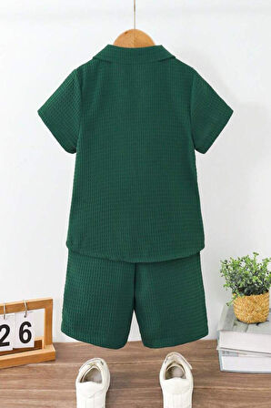 V Yaka Gömlek Detaylı Pamuklu Waffle Şort Takım-Haki | 3 Yaş
