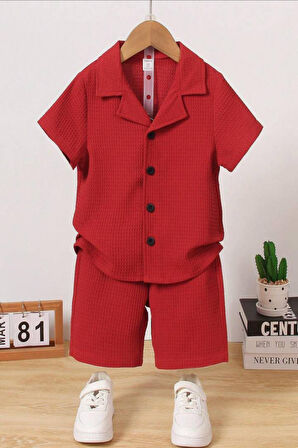 V Yaka Gömlek Detaylı Pamuklu Waffle Şort Takım-Kırmızı | 3 Yaş