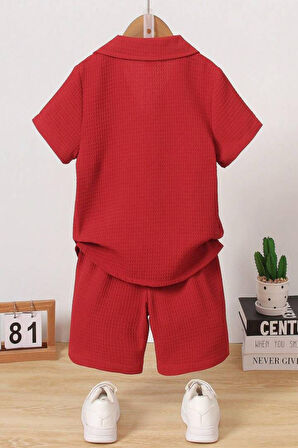 V Yaka Gömlek Detaylı Pamuklu Waffle Şort Takım-Kırmızı | 3 Yaş