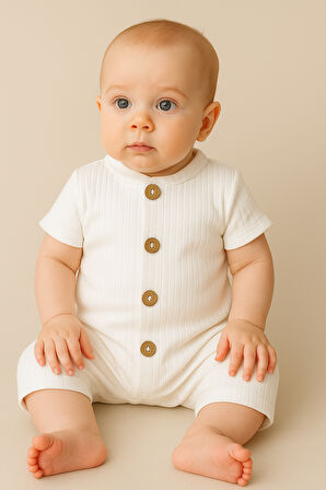 Kısa Kollu Tahta Düğmeli Pamuklu Yazlık Tulum-Beyaz | 3-6 ay