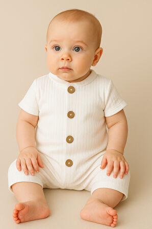 Kısa Kollu Tahta Düğmeli Pamuklu Yazlık Tulum-Beyaz | 3-6 ay