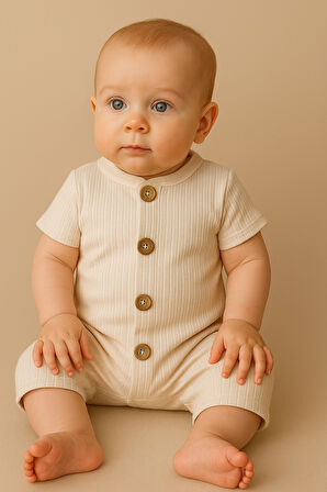 Kısa Kollu Tahta Düğmeli Pamuklu Yazlık Tulum-Bej | 12-18 ay