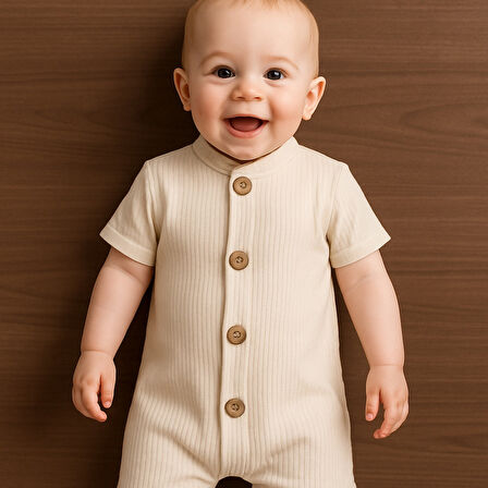 Kısa Kollu Tahta Düğmeli Pamuklu Yazlık Tulum-Bej | 12-18 ay