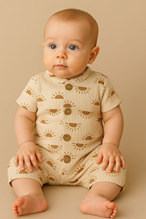 Kısa Kollu Tahta Düğmeli Pamuklu Yazlık Tulum-Kahverengi | 3-6 ay