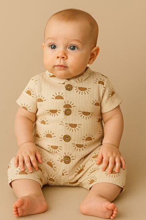 Kısa Kollu Tahta Düğmeli Pamuklu Yazlık Tulum-Kahverengi | 12-18 ay