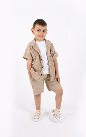 Armalı Şık Yazlık 3'lü Bebek&Çocuk Gömlek Şort Takım-Bej | 4 Yaş