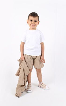 Armalı Şık Yazlık 3'lü Bebek&Çocuk Gömlek Şort Takım-Bej | 4 Yaş