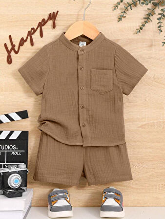 Müslin Cepli Şık Pamuklu 2'li Yazlık Şort Takım-Kahverengi | 4 Yaş