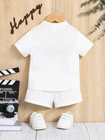 Müslin Cepli Şık Pamuklu 2'li Yazlık Şort Takım-Beyaz | 2 Yaş