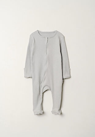 Gizli Fermuarlı Tam Ayaklı Pamuklu Bebek Tulum-Gri | 3-6 ay