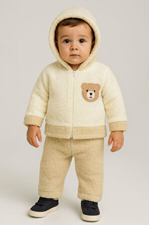 Ayı Nakışlı Kışlık Peluş Welsoft 2'li Kapüşonlu Takım-Bej | 1 Yaş