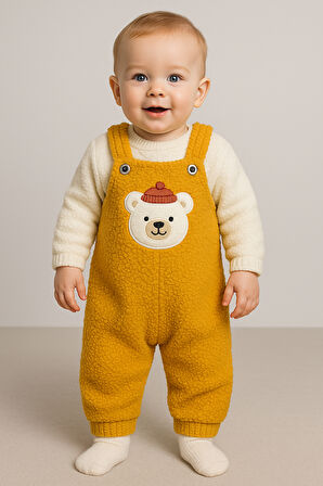 Ayı Nakışlı Kışlık Peluş Welsoft Bebek Tulum-Hardal | 12-18 ay