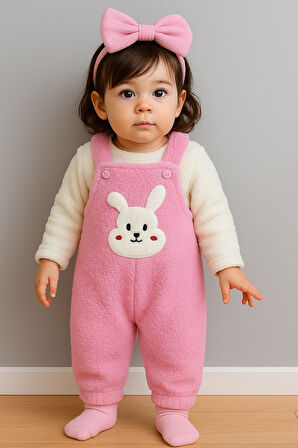 Tavşan Nakışlı Kışlık Peluş Welsoft Bebek Tulum-Pembe | 12-18 ay
