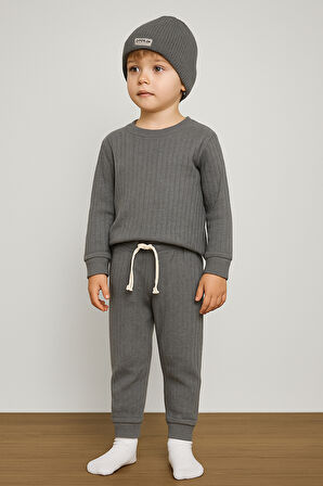 Şapkalı Bebek&Çocuk Alt Üst 3'lü Takım-Gri | 12-18 ay