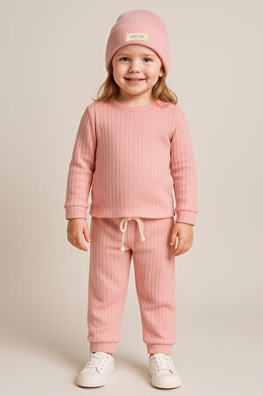 Şapkalı Bebek&Çocuk Alt Üst 3'lü Takım-Somon | 12-18 ay