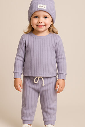 Şapkalı Bebek&Çocuk Alt Üst 3'lü Takım-Lila | 12-18 ay