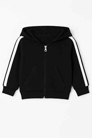 Yandan Çizgili Fermuarlı Kapüşonlu Spor 2 Li Bebek Alt Üst Takım-Siyah | 2 Yaş