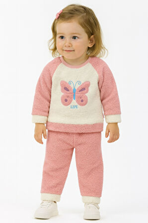 Kelebek Görselli Kışlık Peluş Welsoft Kız Bebek Çocuk 2'li Takım-Somon | 6-9 ay