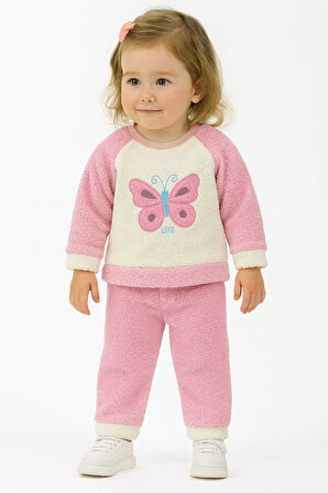 Kelebek Görselli Kışlık Peluş Welsoft Kız Bebek Çocuk 2'li Takım-Pembe | 1 Yaş