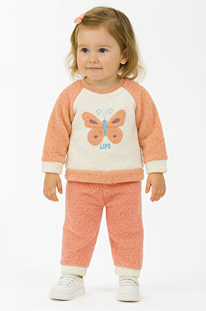 Kelebek Görselli Kışlık Peluş Welsoft Kız Bebek Çocuk 2'li Takım-Turuncu | 2 Yaş