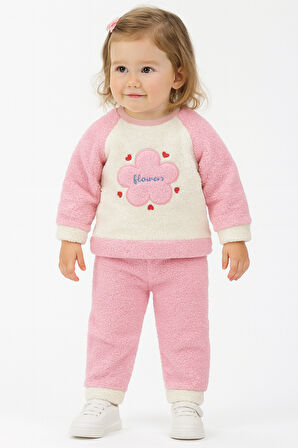 Çiçek Görselli Kışlık Peluş Welsoft Kız Bebek Çocuk 2'li Takım-Pembe | 1 Yaş