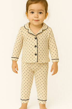 Puantiye Desenli Kız Bebek Çocuk Alt Üst 2'li Pijama Takım-Bej | 3 Yaş