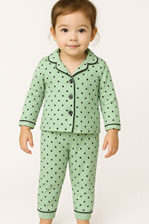 Puantiye Desenli Kız Bebek Çocuk Alt Üst 2'li Pijama Takım-Yeşil | 6-9 ay