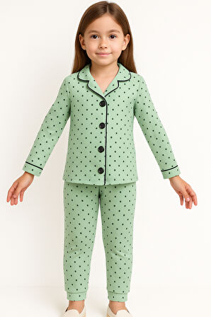 Puantiye Desenli Kız Bebek Çocuk Alt Üst 2'li Pijama Takım-Yeşil | 12-18 ay