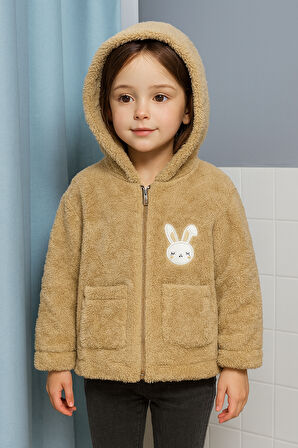 Tavşan Nakışlı Fermuarlı Cepli Kız Bebek Peluş Welsoft Kışlık Hırka-Kahverengi | 1-2 Yaş