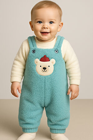 Ayı Nakışlı Kışlık Peluş Welsoft Bebek Tulum-Yeşil | 6-9 ay