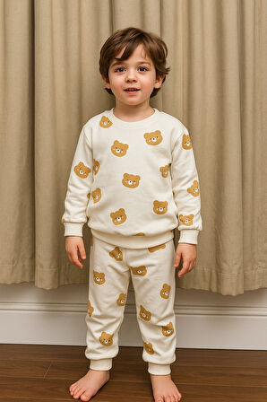 Ayıcık Desenli Bebek&Çocuk Pamuklu Alt Üst Takım-Beyaz | 12-18 ay