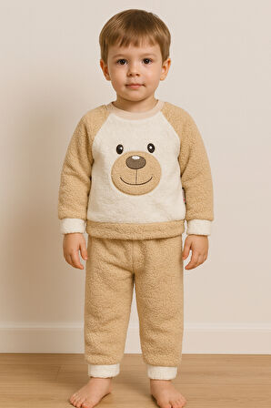 Ayıcık Nakışlı Bebek&Çocuk Kışlık Peluş Welsoft Alt Üst Takım-Bej | 1 Yaş