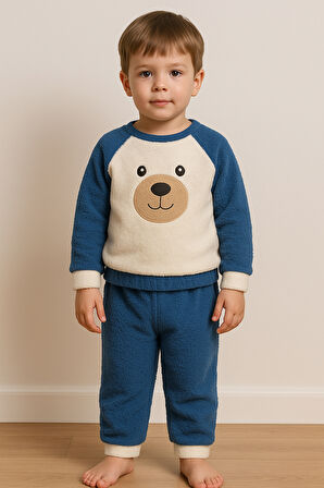 Ayıcık Nakışlı Bebek&Çocuk Kışlık Peluş Welsoft Alt Üst Takım-Mavi | 12-18 ay