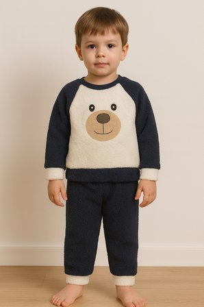 Ayıcık Nakışlı Bebek&Çocuk Kışlık Peluş Welsoft Alt Üst Takım-Lacivert | 1 Yaş