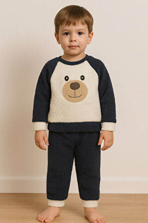 Ayıcık Nakışlı Bebek&Çocuk Kışlık Peluş Welsoft Alt Üst Takım-Lacivert | 2 Yaş