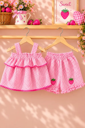 Kız Bebek Çocuk Çilek Nakışlı Pötikare Askılı Şortlu 2'li Yazlık Takım - Pembe