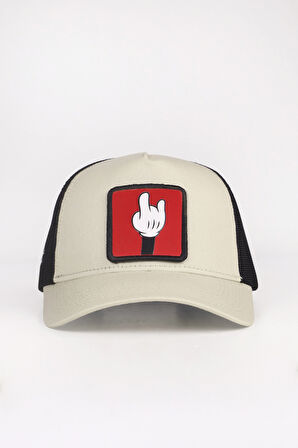 Parmak Logolu Bej Siyah Trucker Şapka