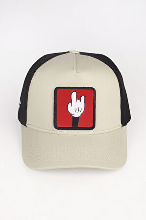 Parmak Logolu Bej Siyah Trucker Şapka