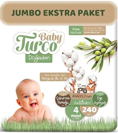 Baby Turco Doğadan 4 Numara Bebek Bezi 8-14 Kg Maxi 240'lı