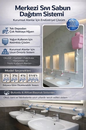 Hilal Kimya Depolu Sabunluk Sistemi | 6 Musluklu | 10 Lt Merkezi Depolu | Alttan Basmalı | Okul, Cami ve Toplu Kullanım İçin - Pembe