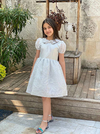 Kız Çocuk Eteği Kabarık Doğum Günü Bayramlık Abiye Gümüş Renk Elbise