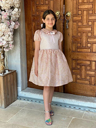 Kız Çocuk Eteği Kabarık Doğum Günü Bayramlık Abiye Pudra Pembe Elbise