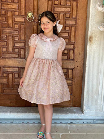 Kız Çocuk Eteği Kabarık Doğum Günü Bayramlık Abiye Pudra Pembe Elbise