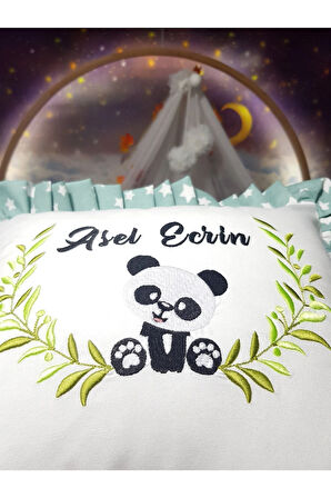 İsme Özel Panda Nakışlı Fırfırlı Kırlent Zarafet Ve Sevgiyle Dokunmuş!