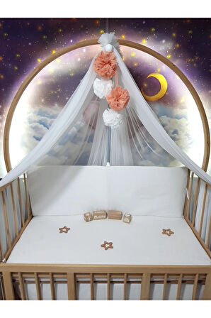 Lüks Cibinlik Takımı - 6 metre Yumuşak Likra Tül - Beyaz ve Somon (Aparat Dahil)