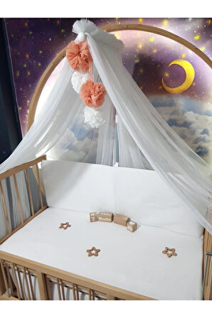 Lüks Cibinlik Takımı - 6 metre Yumuşak Likra Tül - Beyaz ve Somon (Aparat Dahil)