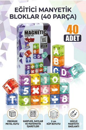 Btrcmpny-Manyetik Yapı Blokları Mıknatıslı Alfabe Sayılar Toplama Çıkarma Bölme Çarpma 40 Parça Renkli Küp