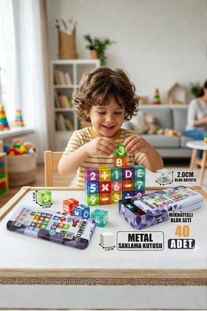 Btrcmpny-Manyetik Yapı Blokları Mıknatıslı Alfabe Sayılar Toplama Çıkarma Bölme Çarpma 40 Parça Renkli Küp